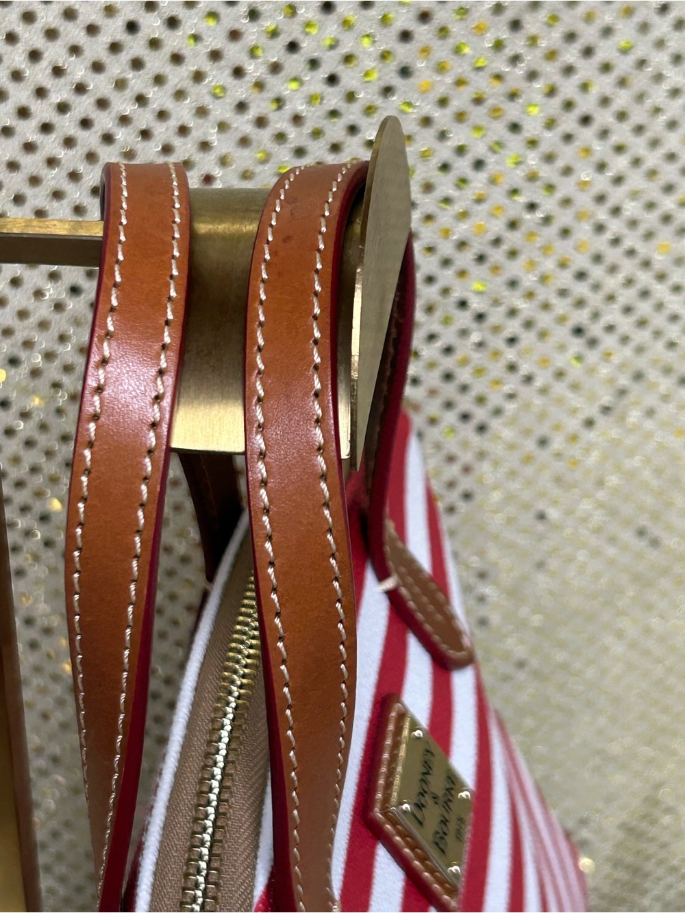 Dooney & Bourke Red and White Striped Crossbody Satchel with Brown Trim - Picture 6 of 16